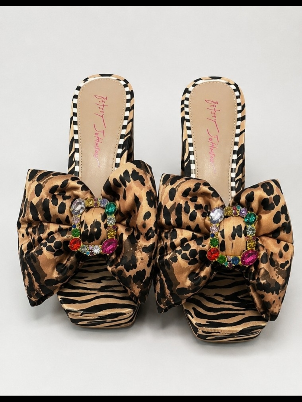 Betsey Johnson Leopard Print Bow Slide Mules with Multicolor Gem Buckles